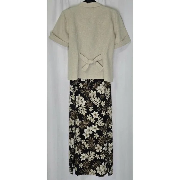 Vtg R&K Originals Women Sz 8 Shift Dress Maxi w/Linen Jacket Black Beige Floral - Picture 2 of 11